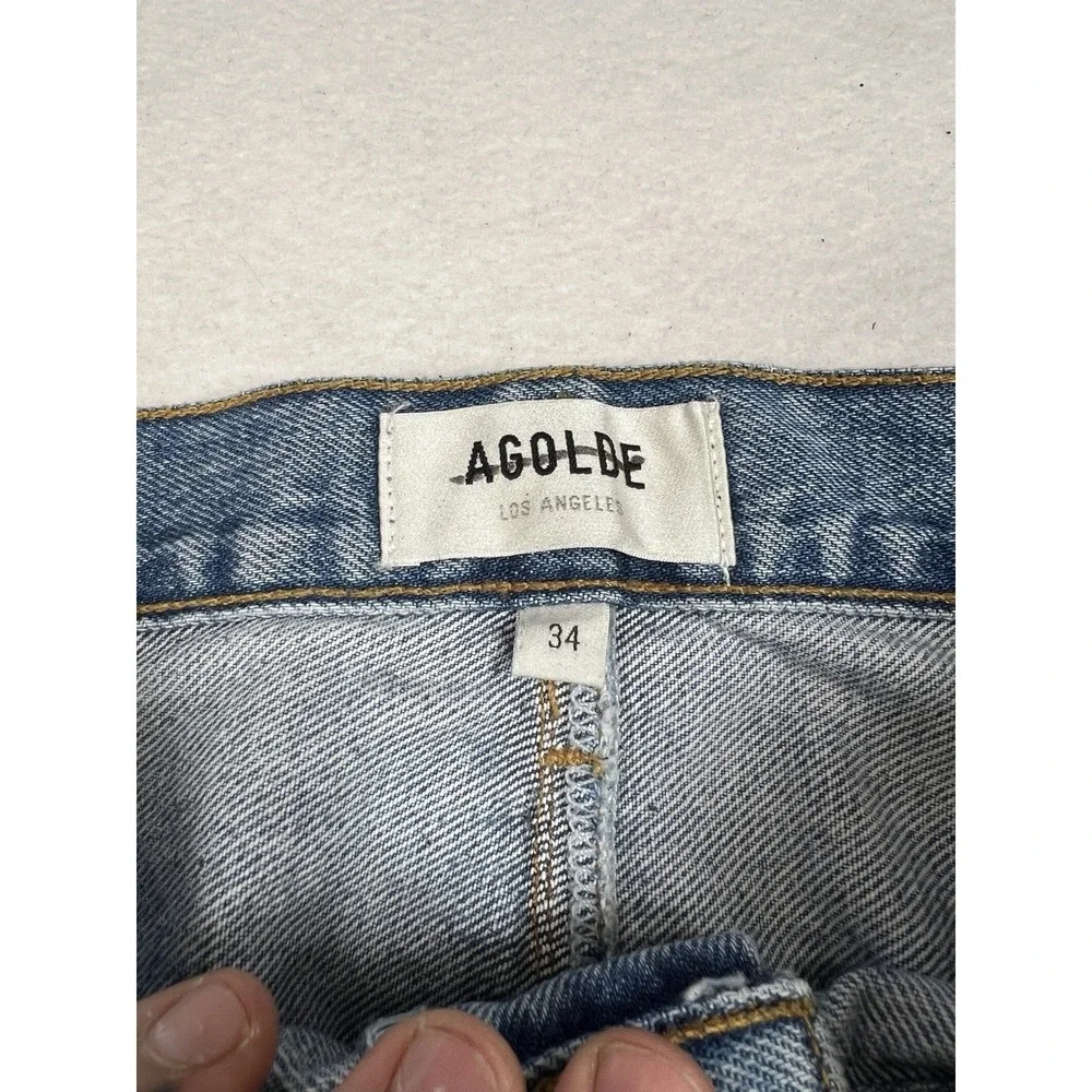 Agolde‎ Harley Denim And Leather Panel High Rise Straight Leg Jeans Blue Size 34